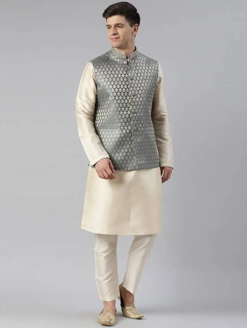 Grey banarasi jacquard jacket kurta set