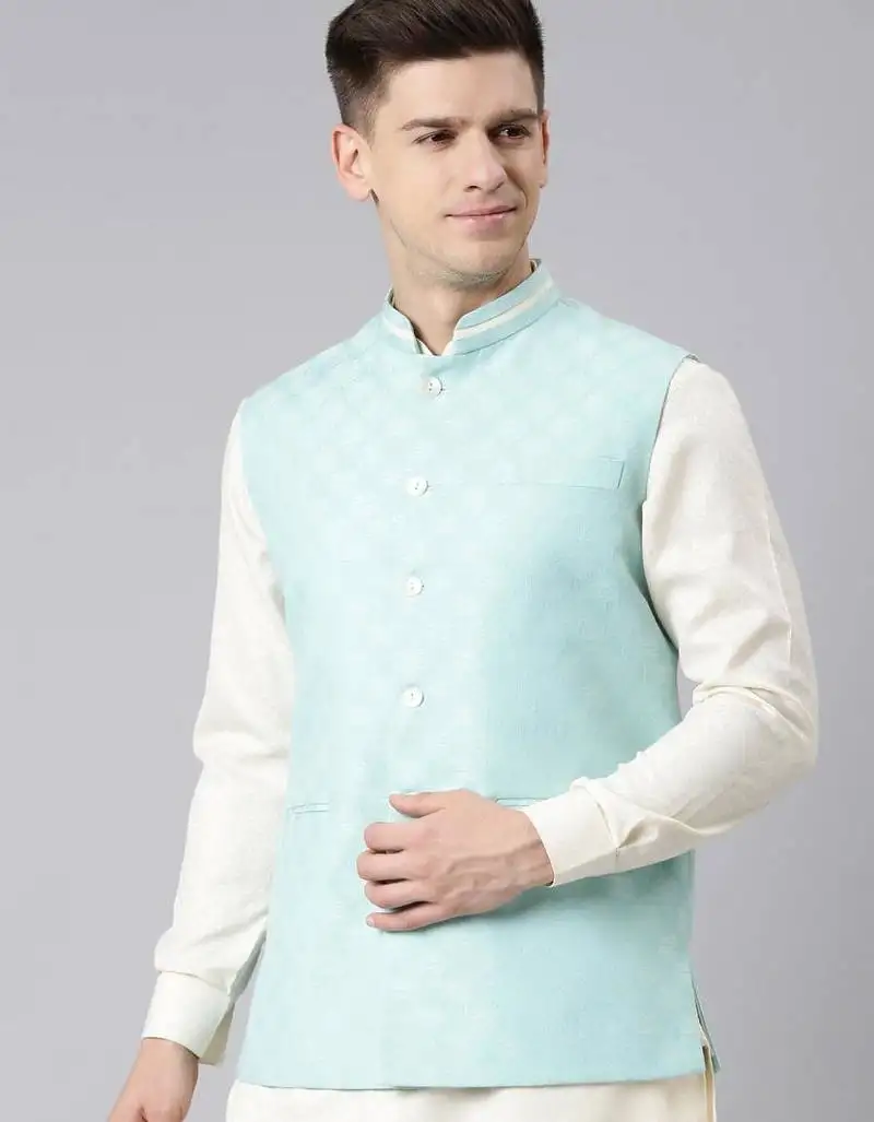 Light blue cotton jacquard jacket kurta set