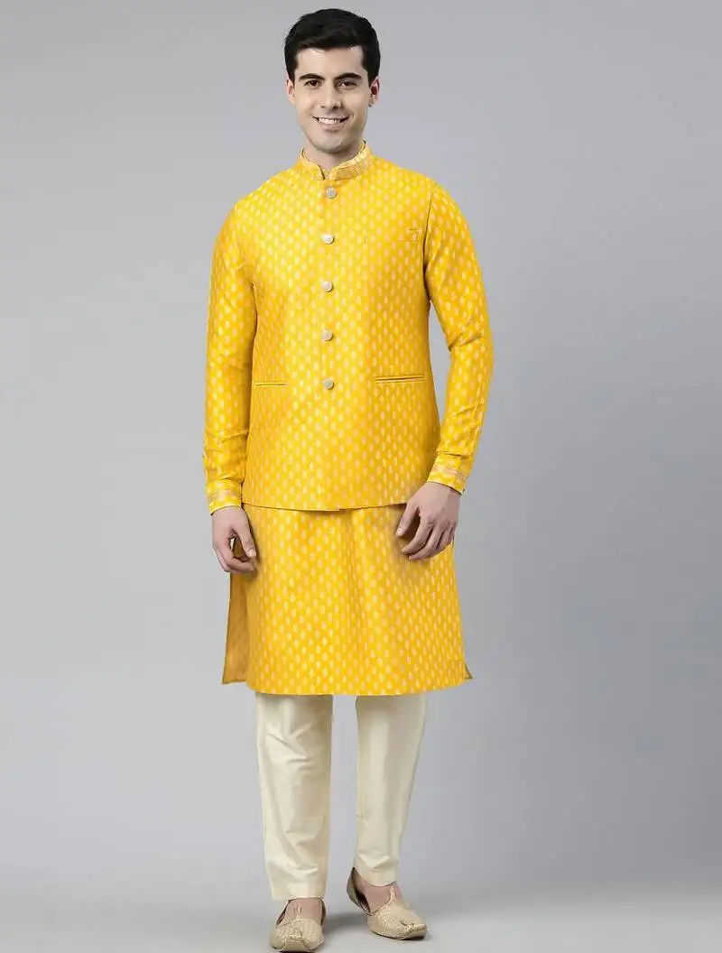 Yellow banarasi jacquard jacket and kurta set