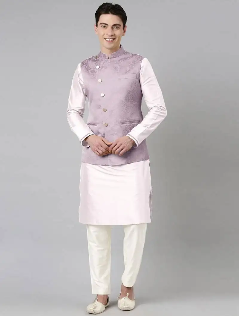 Lilac jacquard jacket with kurta set