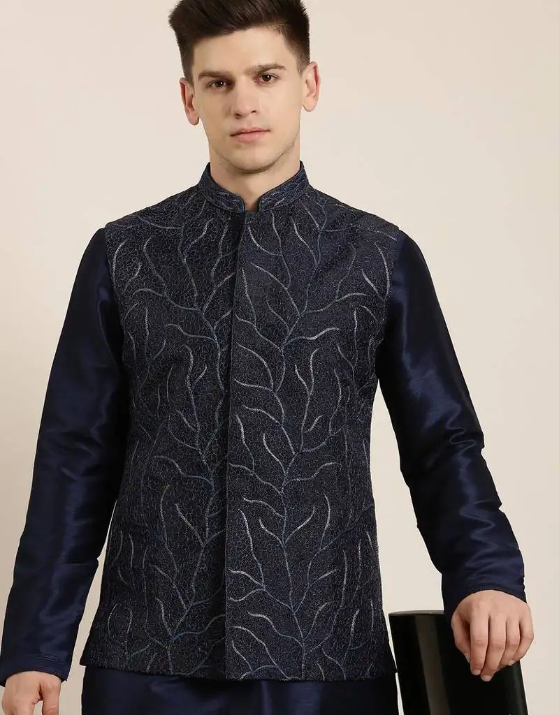 Navy embroidered jacket kurta set
