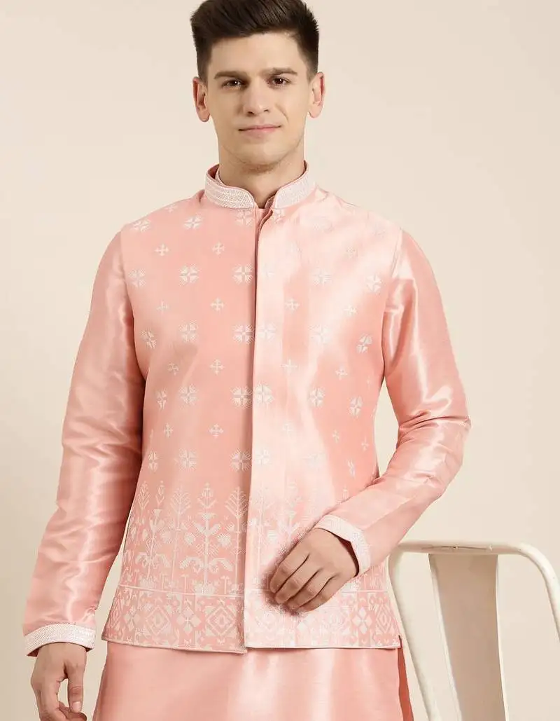 Peach embroiderd jacket kurta set