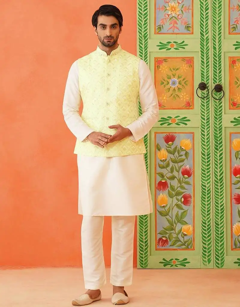 Lemon yellow chikankari jacket kurta set