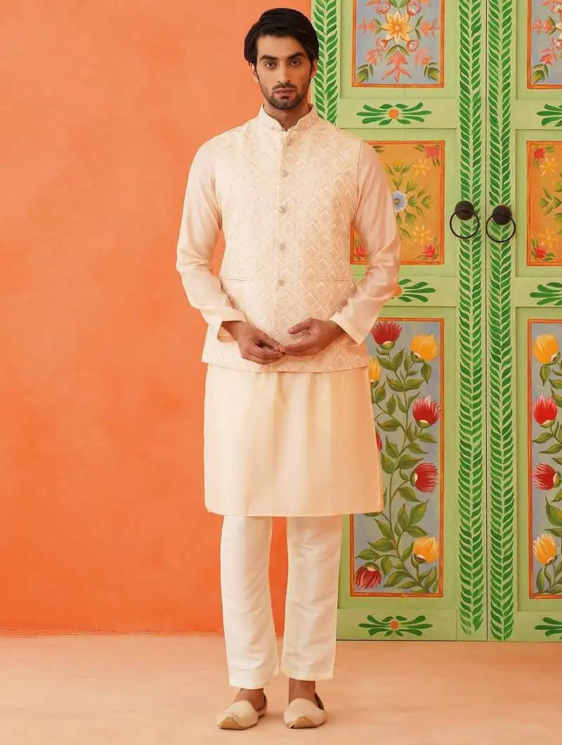 Peach chikankari jacket kurta set
