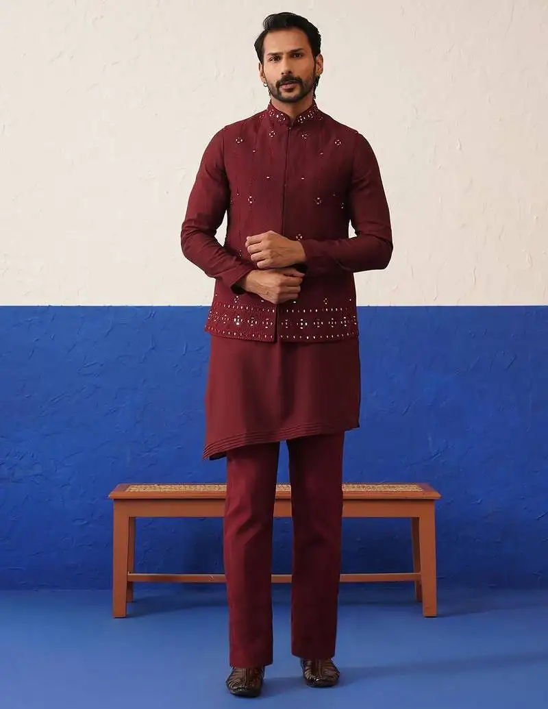 Maroon mirror embroidered jacket kurta set
