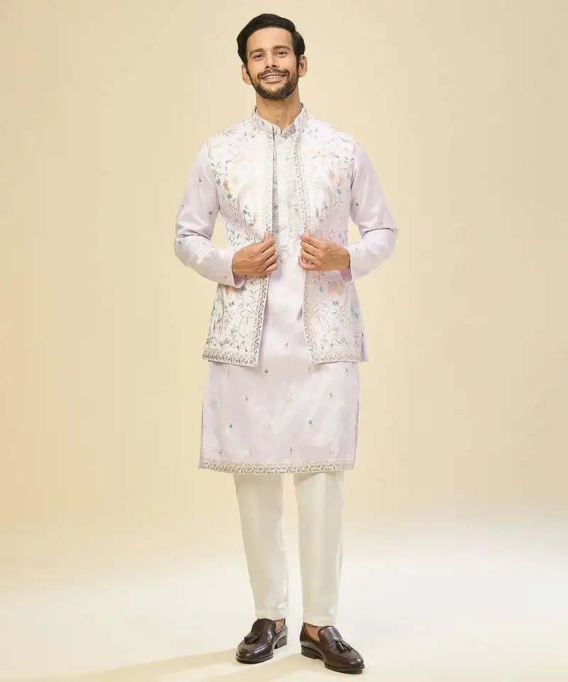 Purple embroidered silk kurta pajama with jacket