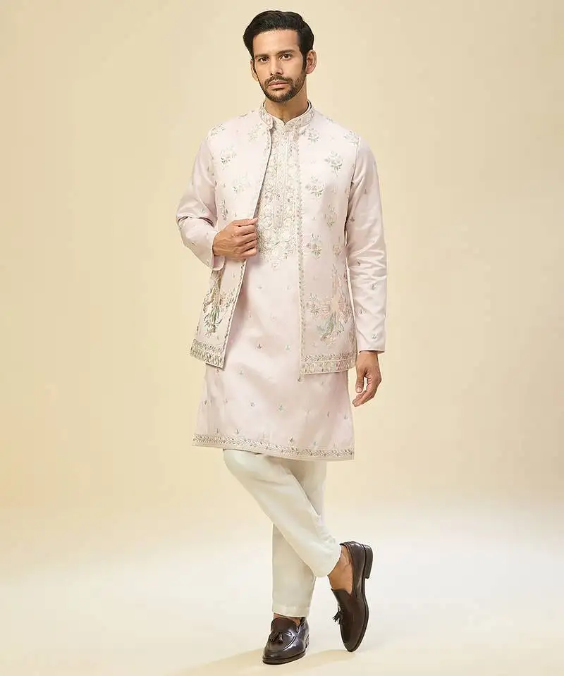 Pink embroidered silk kurta pajama with jacket