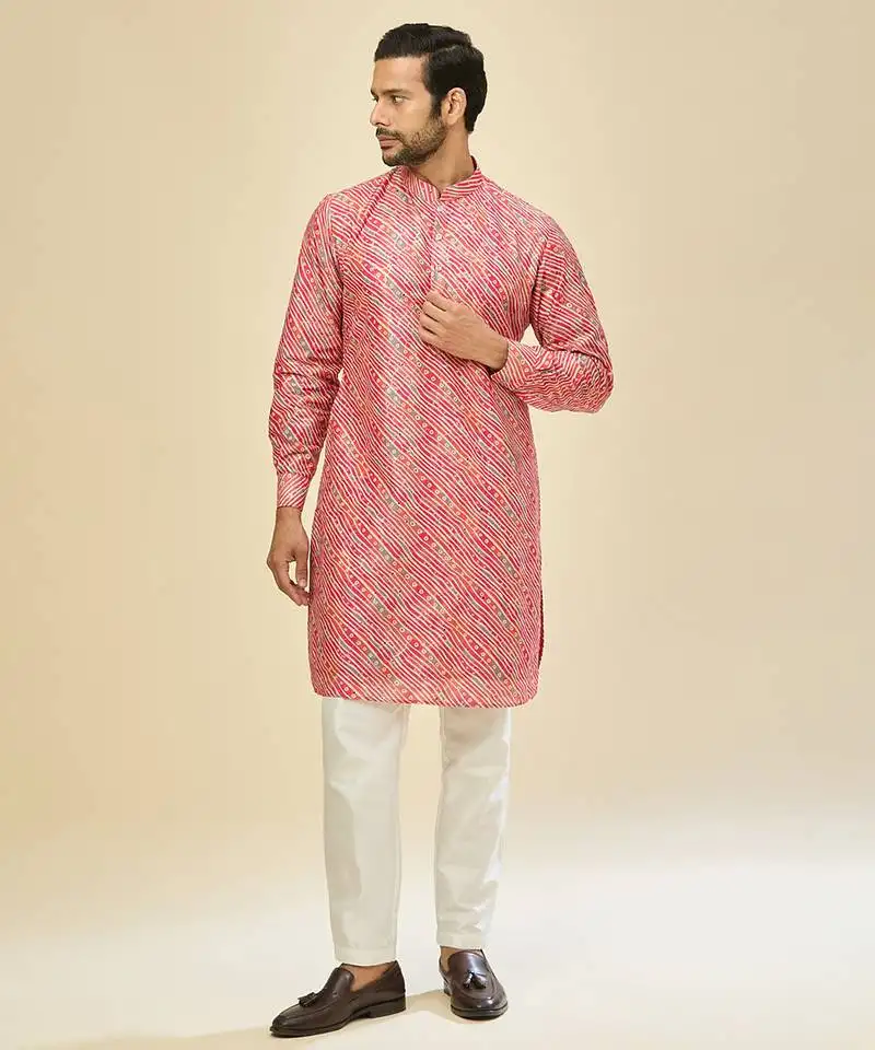Pink printed cotton silk kurta pajama