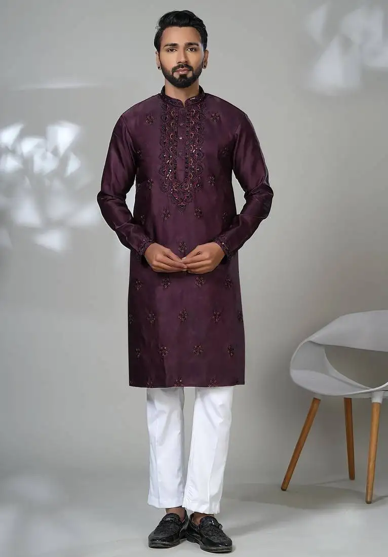 Red blended cotton embroidered kurta pajama for mens