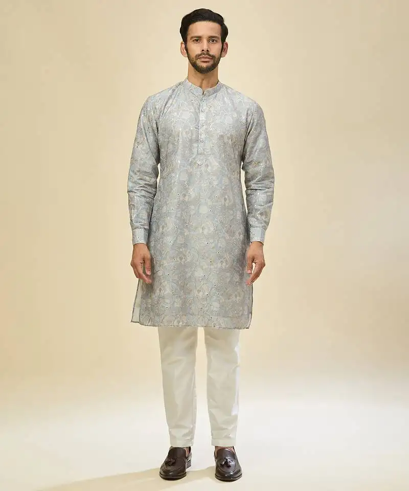 Blue embroidered cotton silk kurta pajama