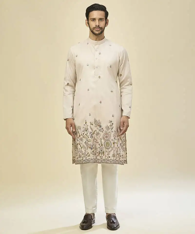 Beige embroidered crepe kurta pajama