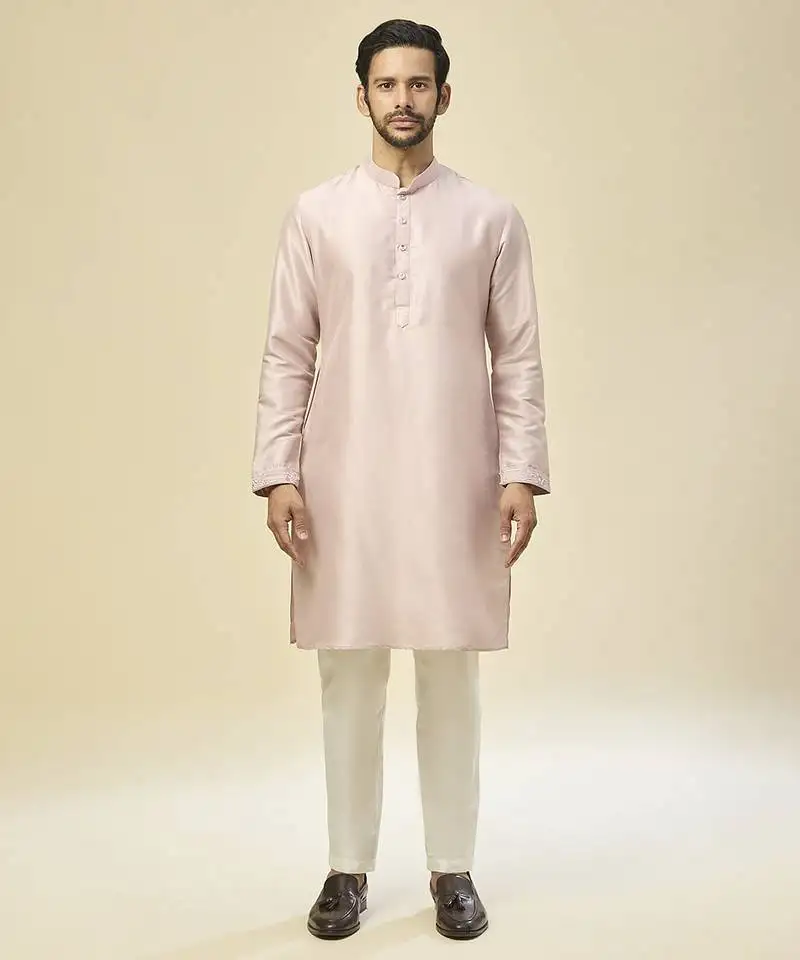 Pink embroidered silk nehru jacket with kurta pajama
