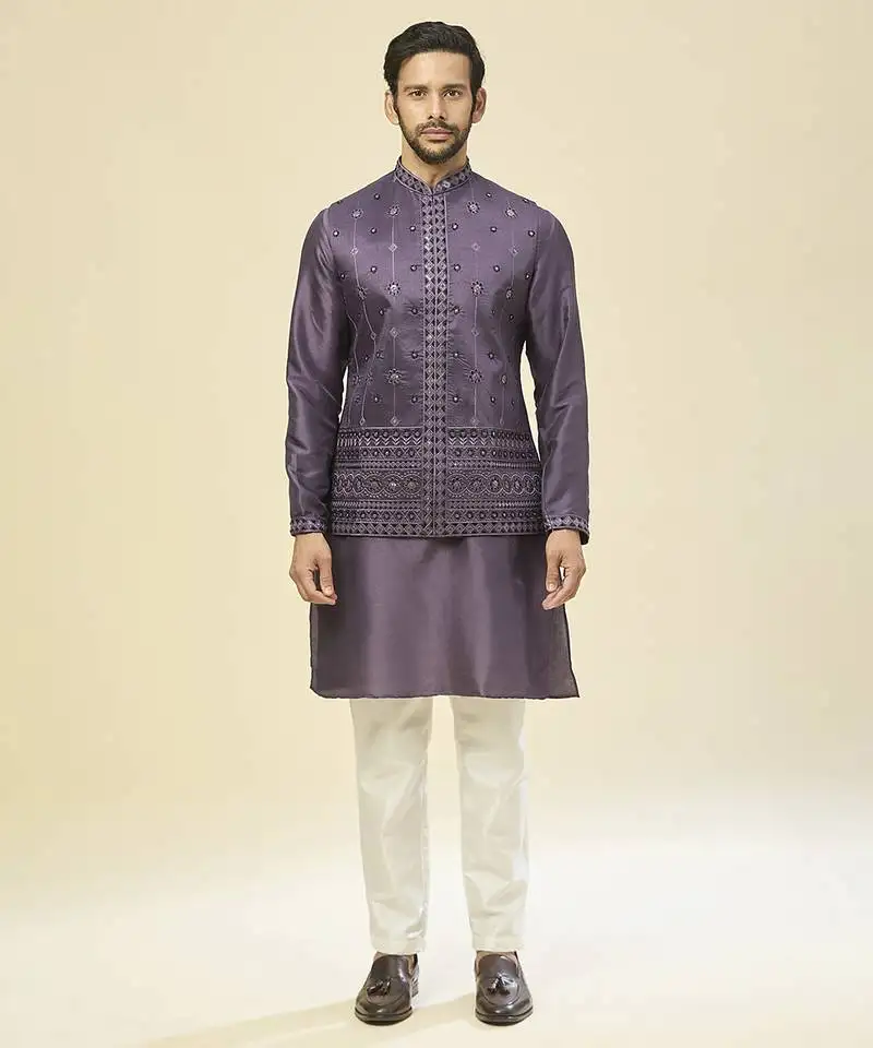 Purple embroidered silk nehru jacket with kurta pajama