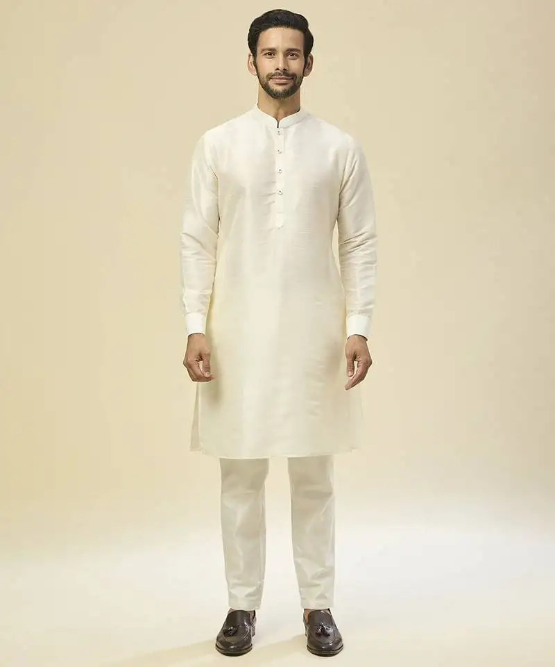 White embroidered silk nehru jacket with kurta pajama