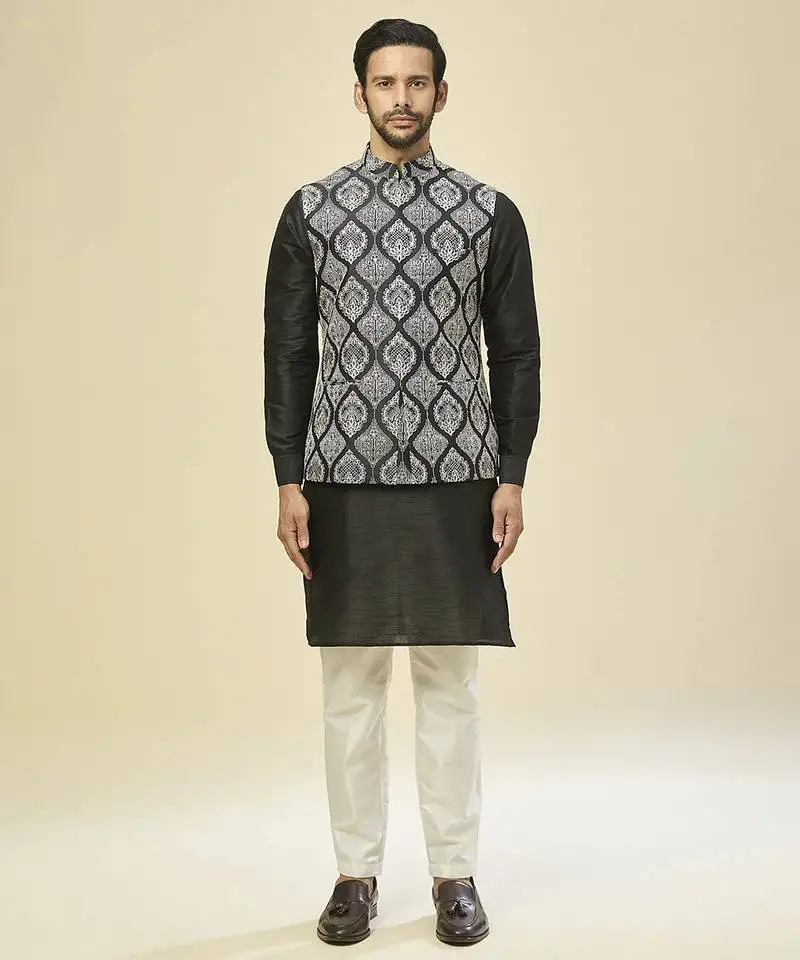 Black embroidered silk nehru jacketwith kurta pajama