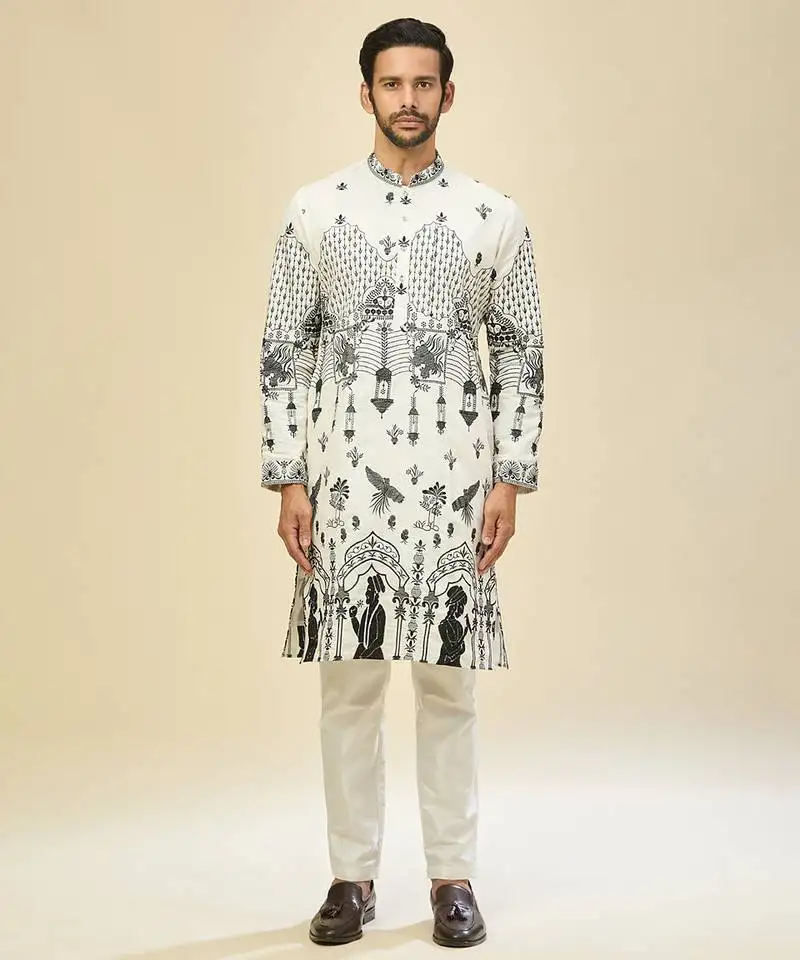 White embroidered cotton silk kurta pajama