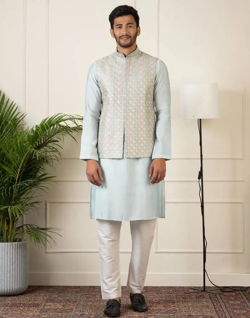 Grey embroidered jacket kurta set