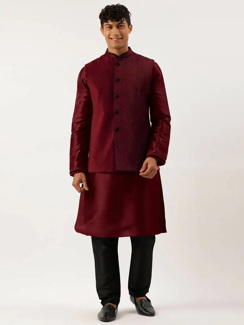 Maroon embroidered jacket kurta set