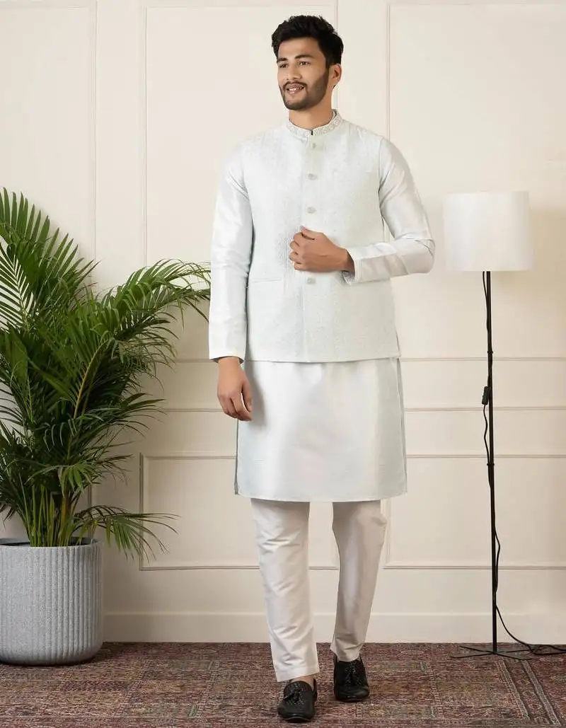 Sky blue embroidered jacket kurta set