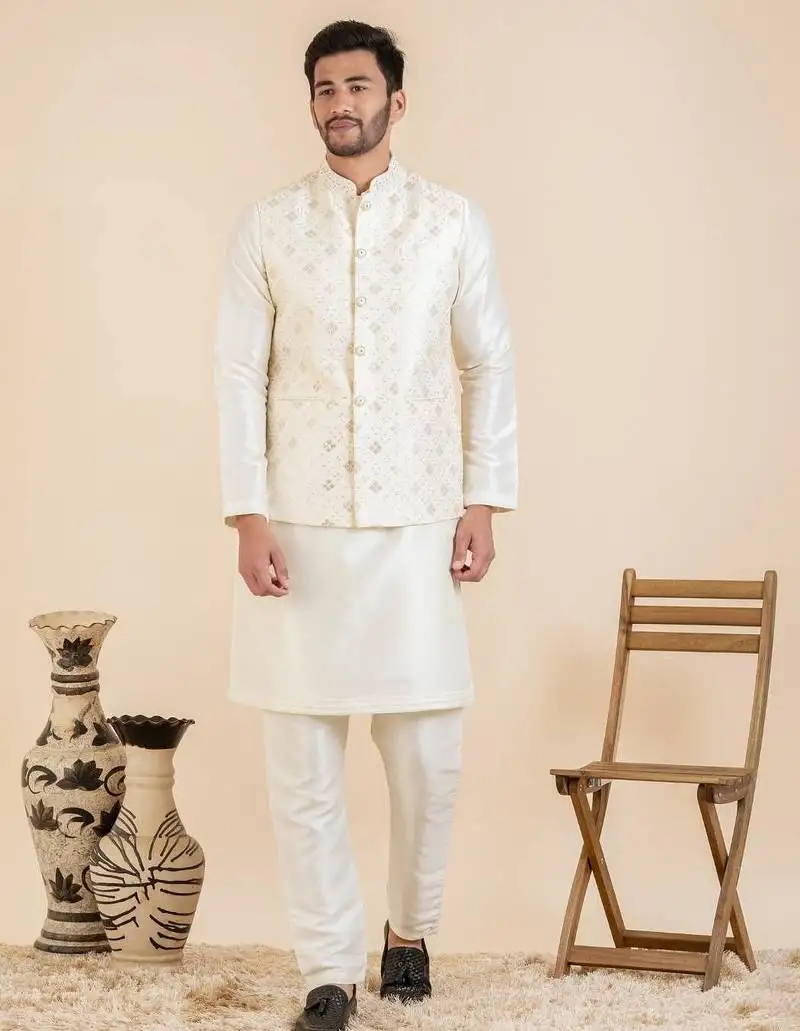 Cream sequin embroidered jacket kurta set