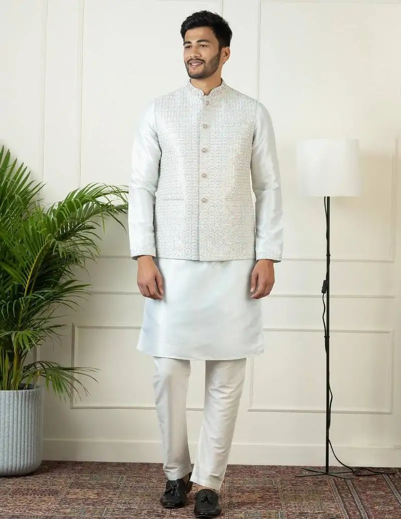 Light blue embroidered jacket kurta set