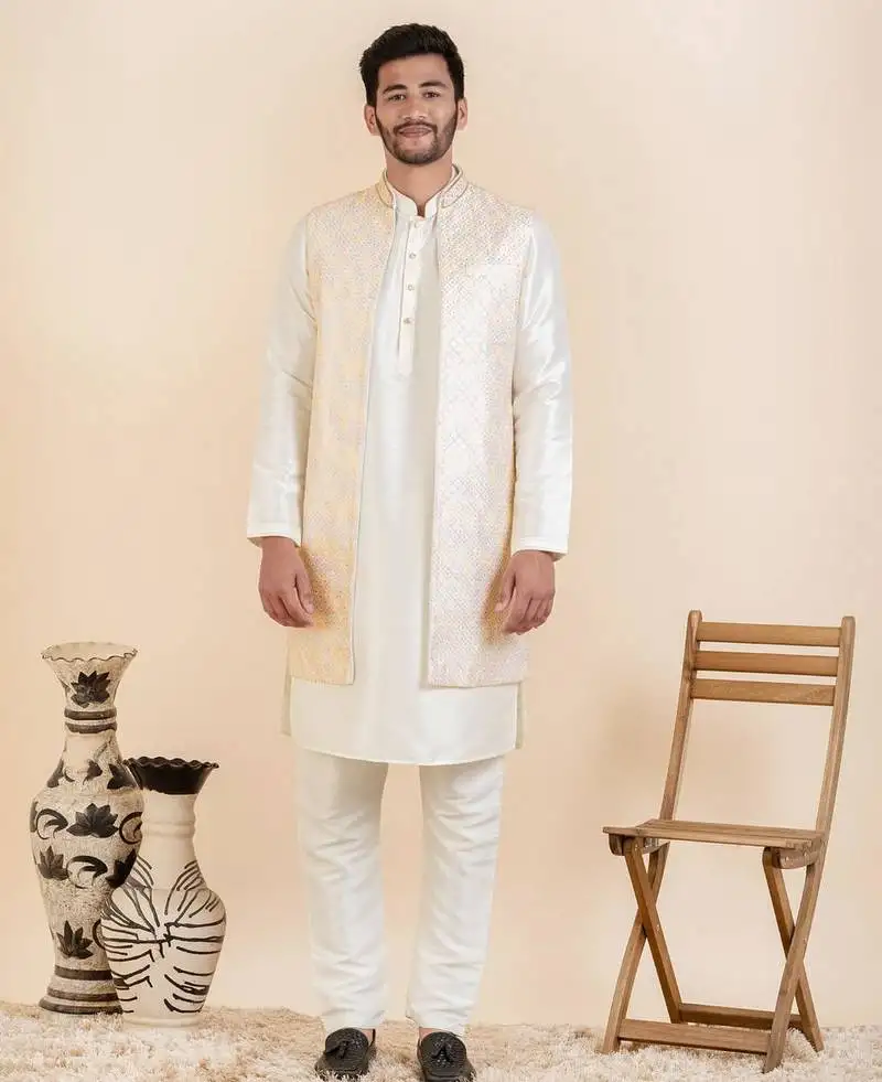 Off white embroidered bundi with kurta set