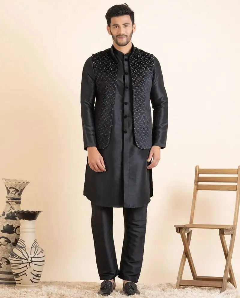 Black lazer cut jacket with front open kurta set