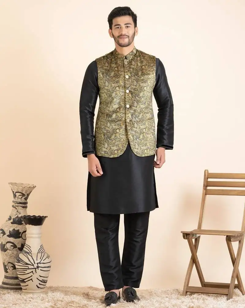 Beige velvet printed cotton jacket kurta set
