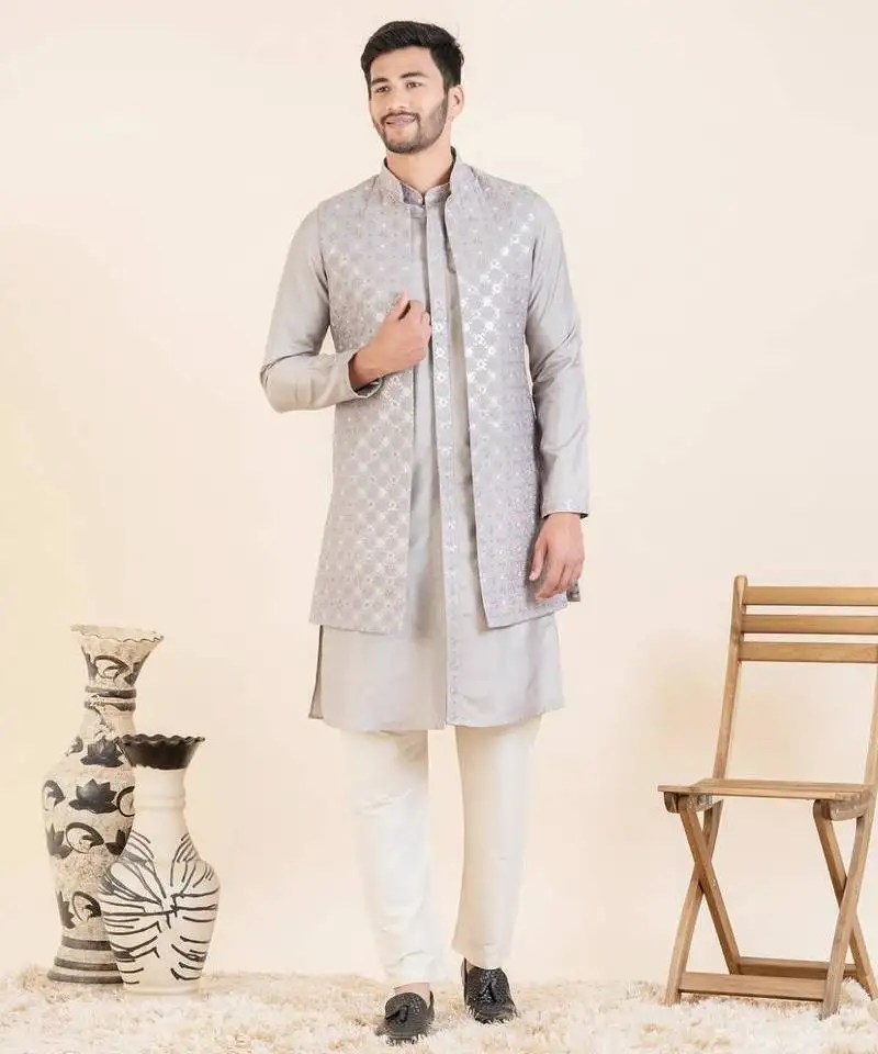 Lilac embroidered long jacket kurta set