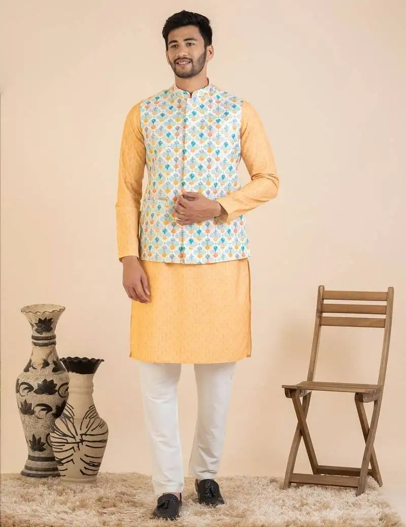White vibrant cotton printed jacket kurta set