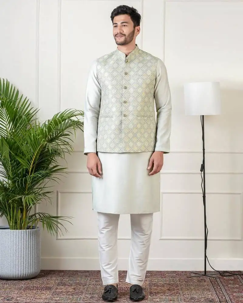 Ivory grey jacquard jacket kurta set