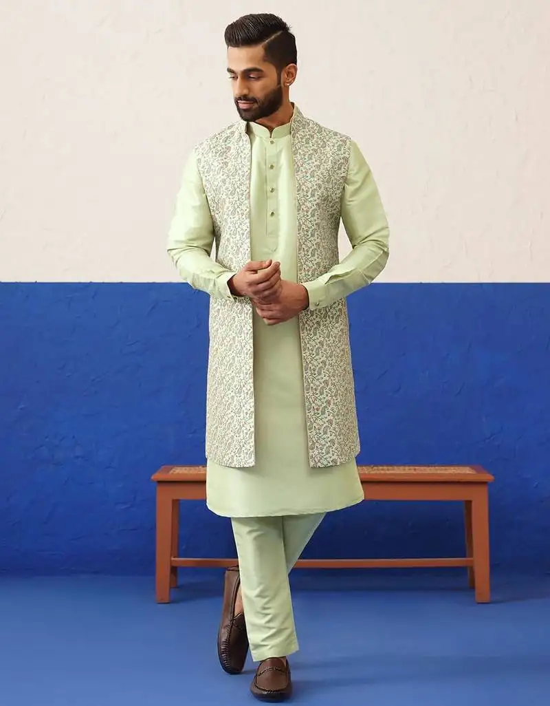 Green printed embroidered jacket kurta set