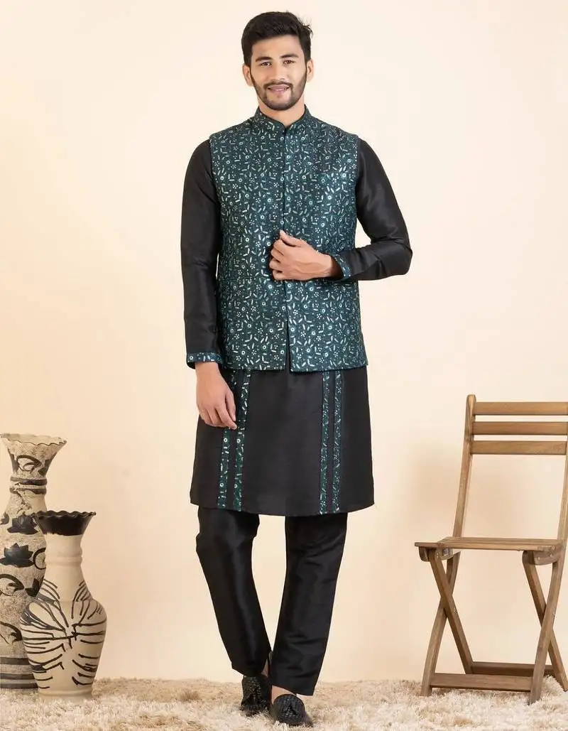 Green embroidered jacket kurta set