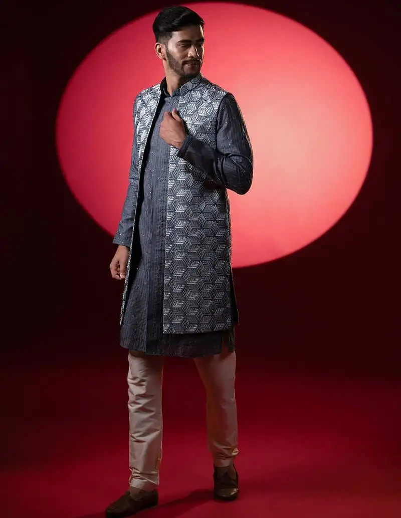 Grey embroidered long jacket kurta set
