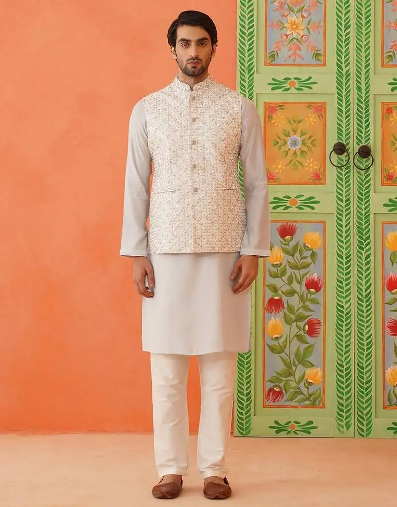 Cream embroidered jacket kurta set