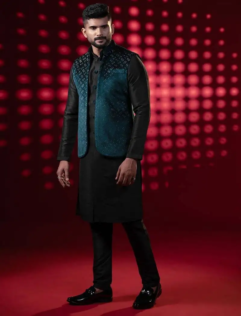 Bottle green lazer cut jacket kurta set