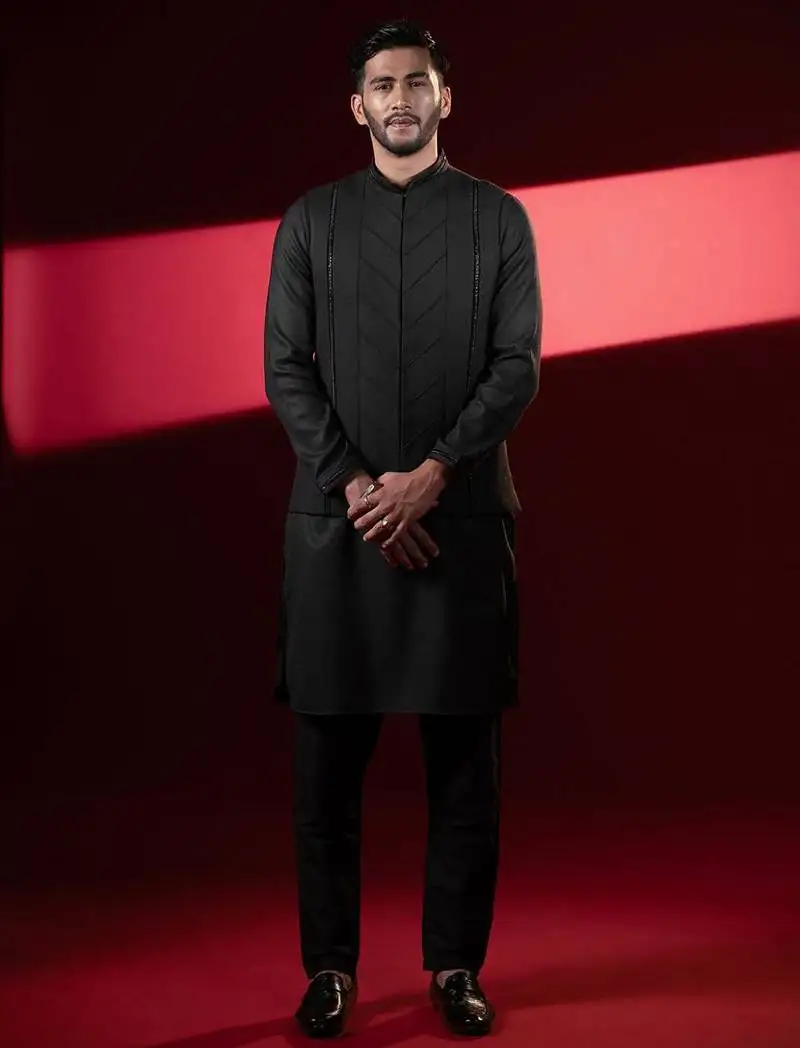 Black cotton pintux jacket kurta set