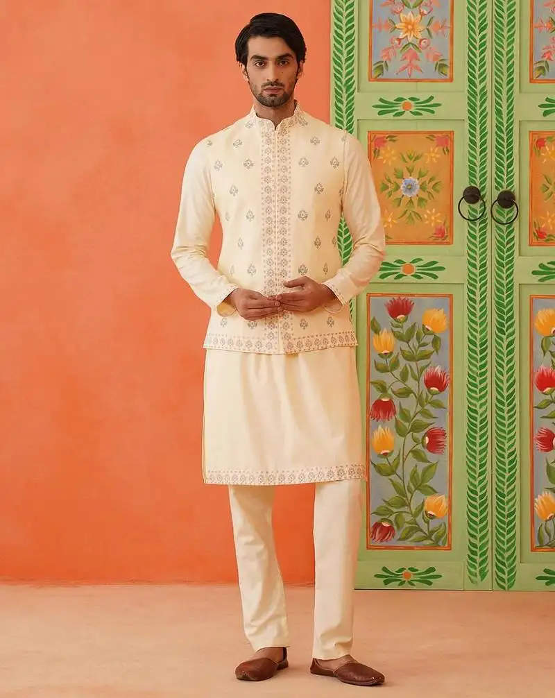Cream cotton floral embroidery jacket kurta set