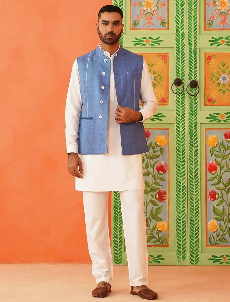 Blue cotton linen jacket kurta set