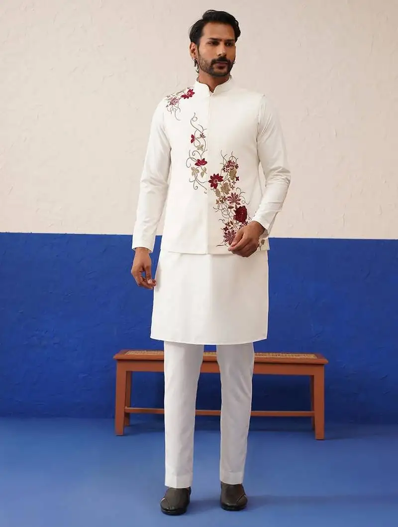Tanzeel khan in white cotton embroidered jacket kurta set