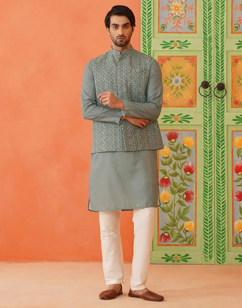 Grey bandhani print ceremonial jacket kurta set