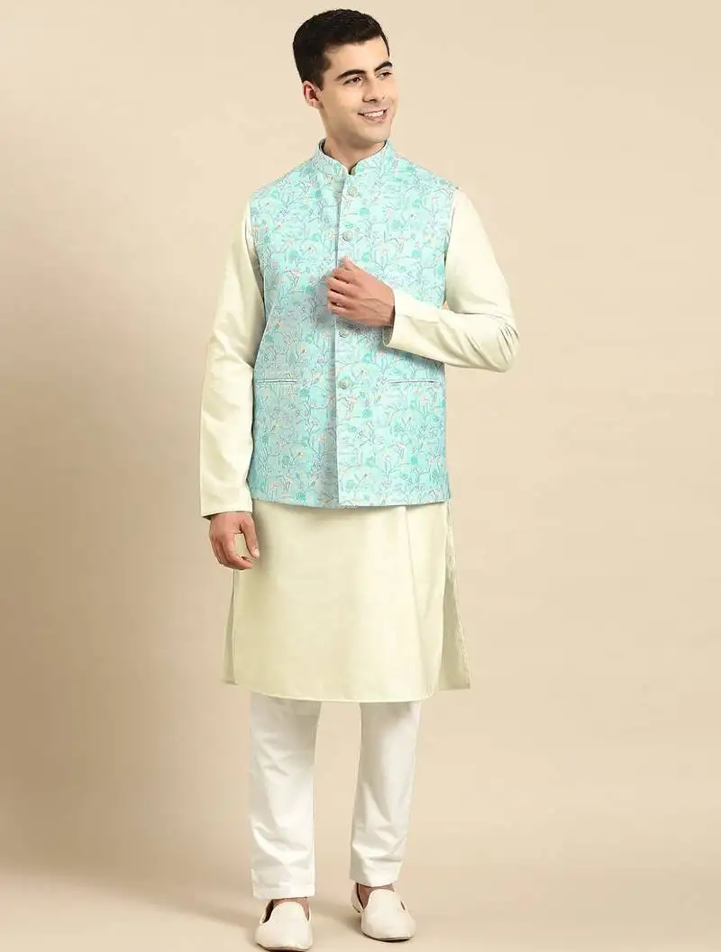 Light pastel blue linen jacket with kurta set