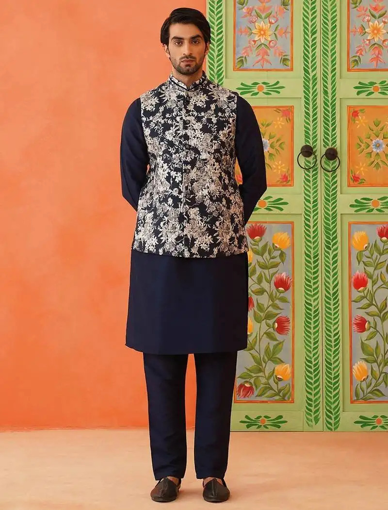 Navy grey jacquard jacket kurta set