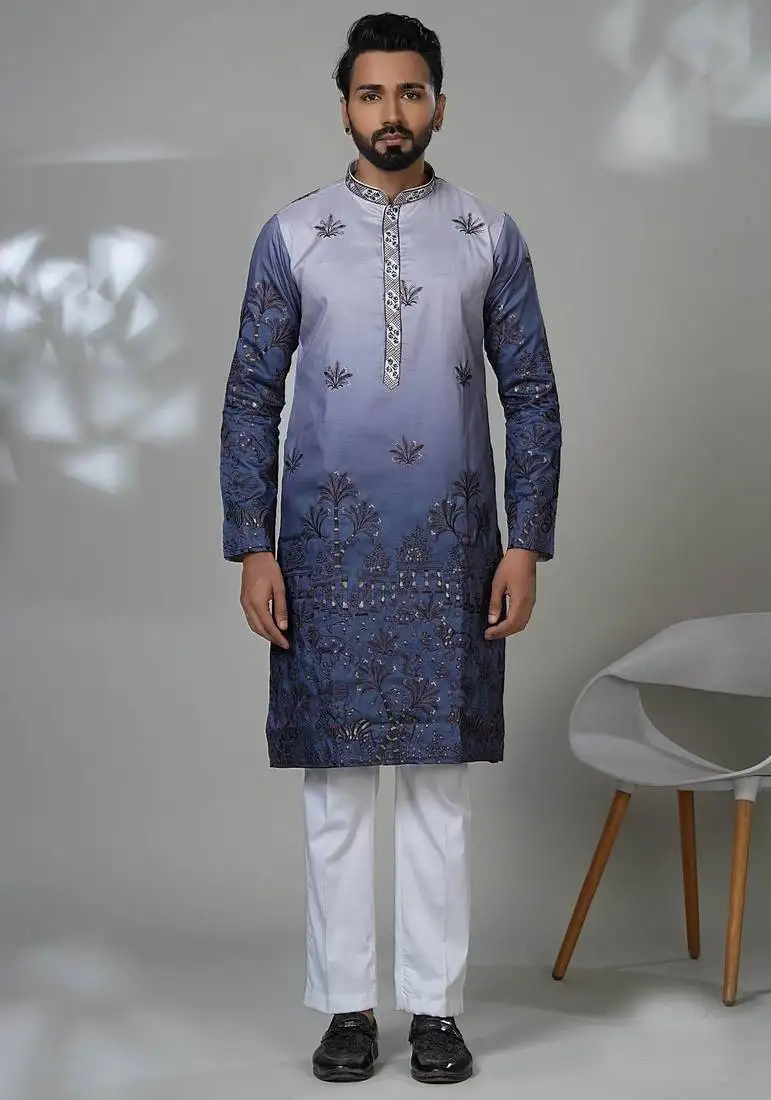 Blue silk embroidered kurta pajama for mens