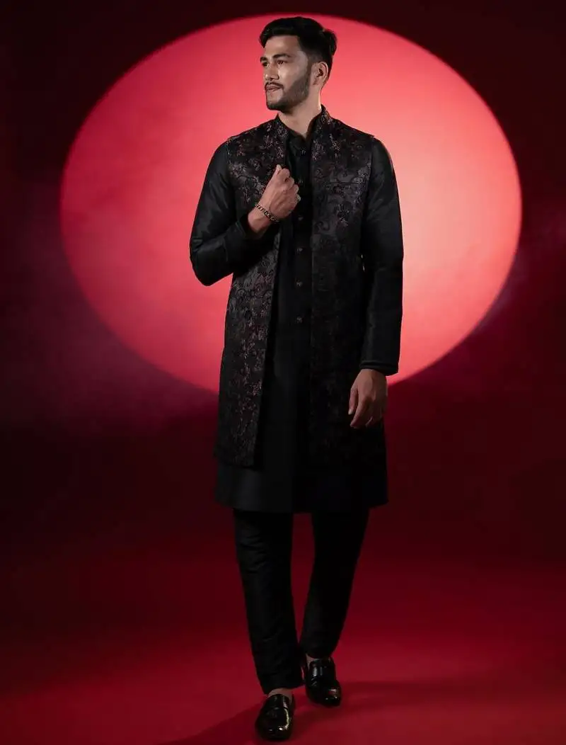Wine black embroidered long jacket kurta set