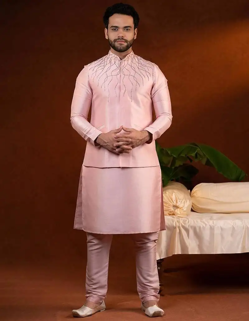 Pink embroidered jacket kurta set
