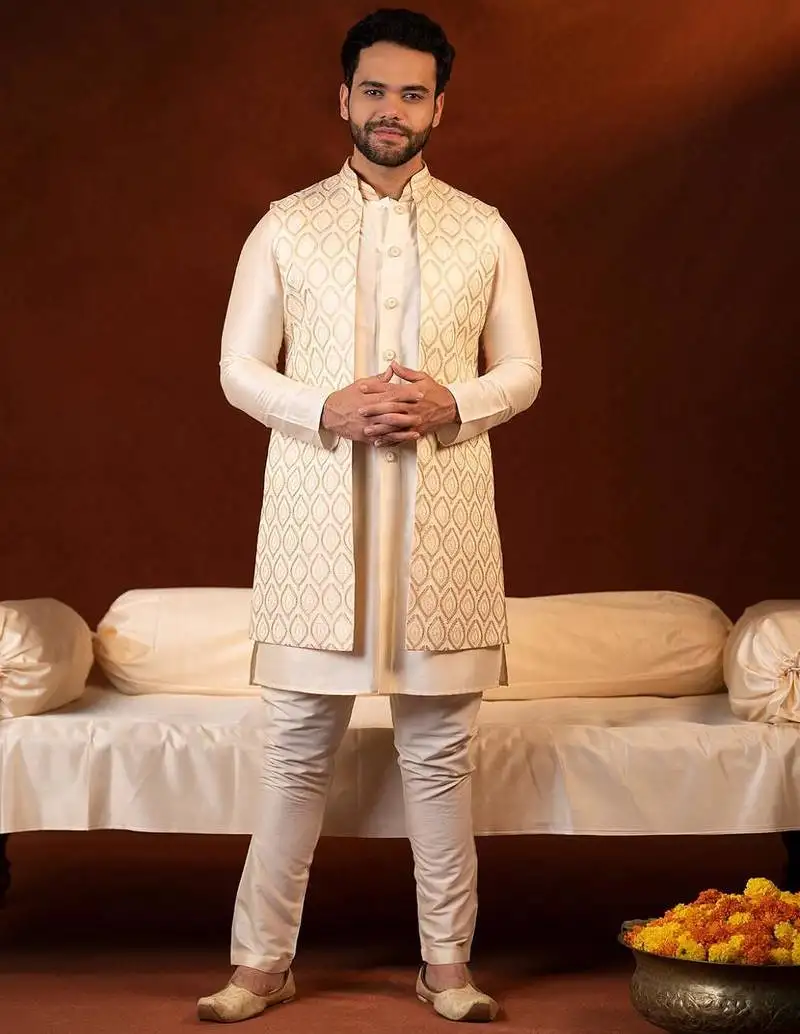 Cream embroidered long jacket kurta set