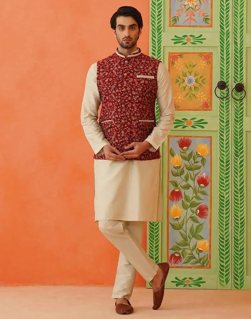 Maroon printed modi jacket with kurta set