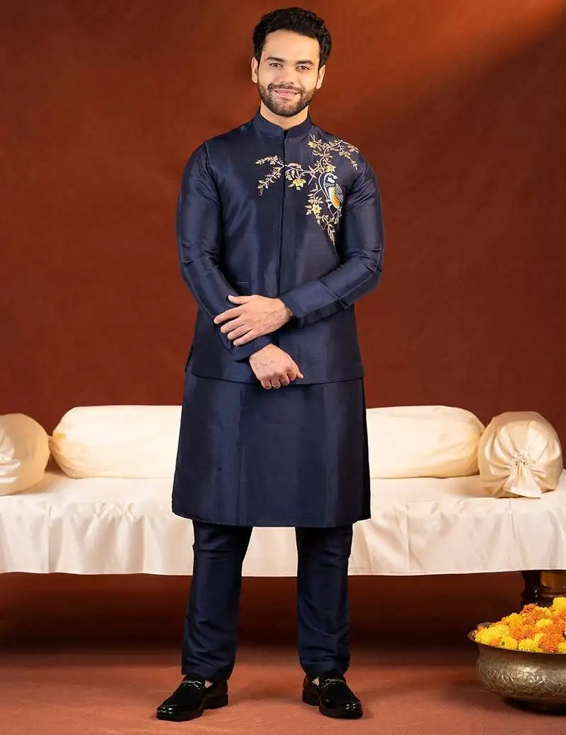 Blue embroidered jacket kurta set