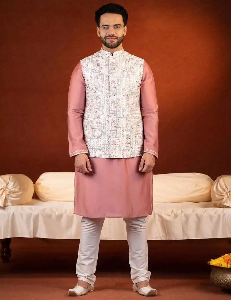 Cream with onion colour resham embroidered jacket & kurta set